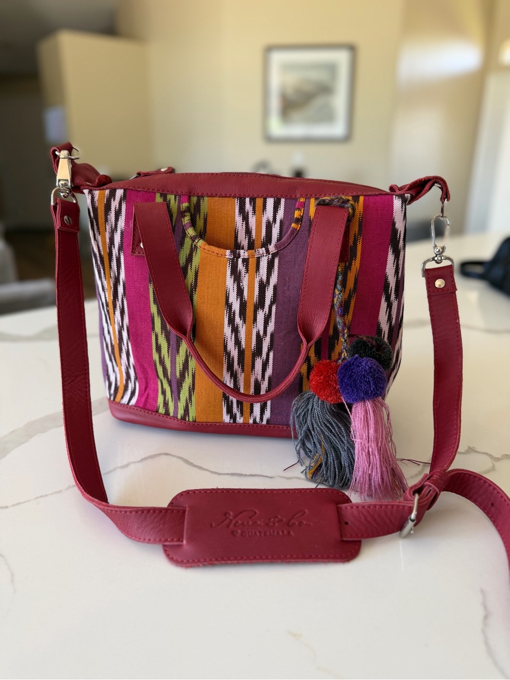 Nena & Co bag multi rainbow colorful leather pom pom crossbody shoulder strap